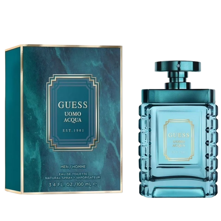 Guess Uomo Acqua 3.4 oz EDT men’s cologne, turquoise bottle.