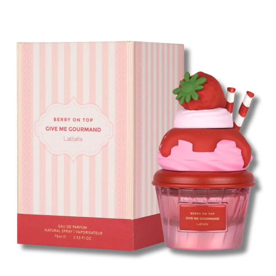 Lattafa Berry On Top EDP perfume, pink cupcake bottle, 2.5 oz