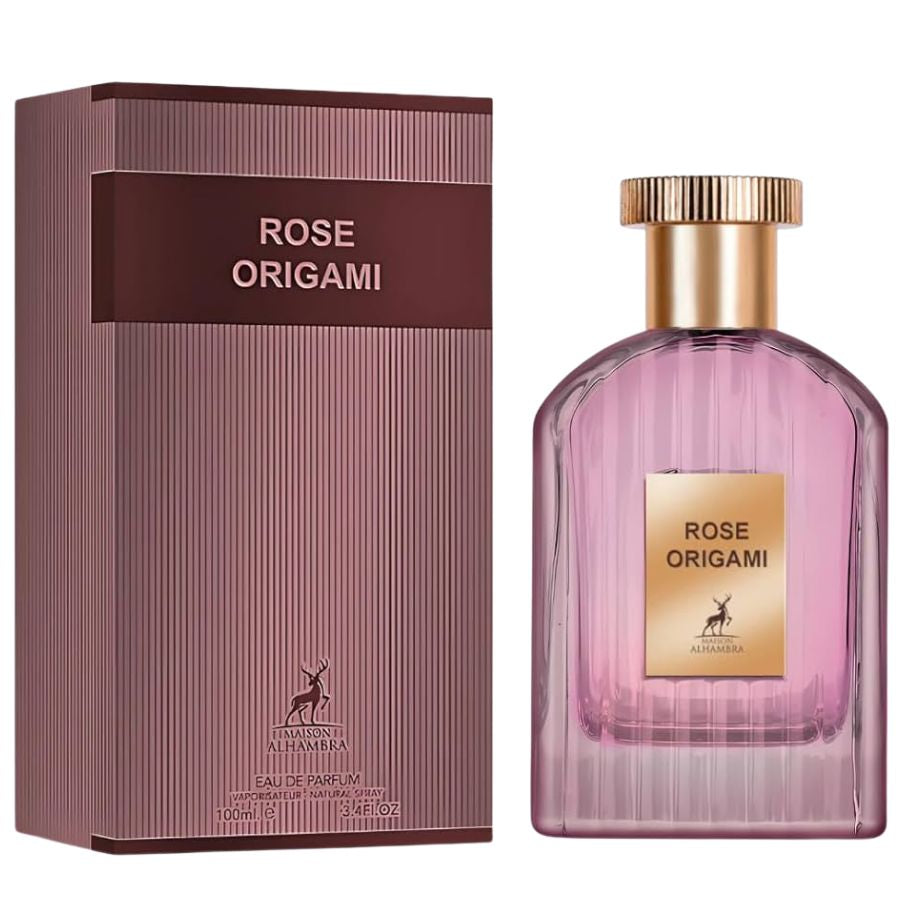 Maison Alhambra Rose Origami EDP perfume, 3.4 oz, ribbed mauve bottle with gold cap