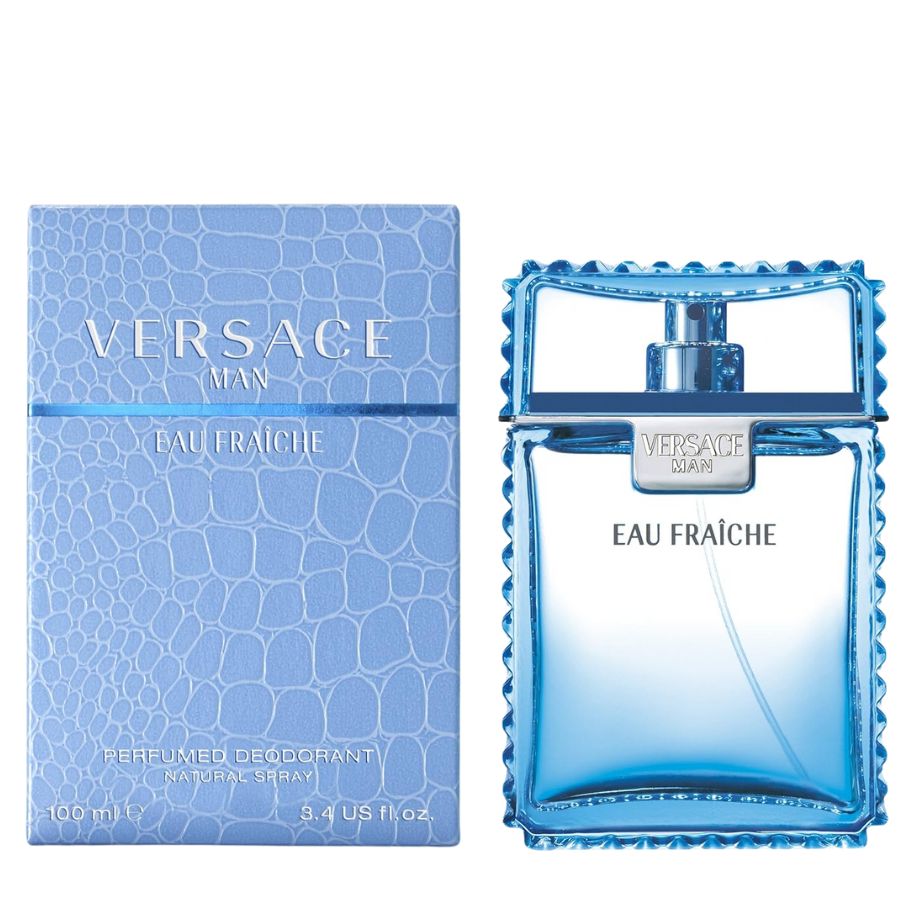 Versace Man Eau Fraîche desodorante en spray para hombre, 3,4 oz, lata azul claro