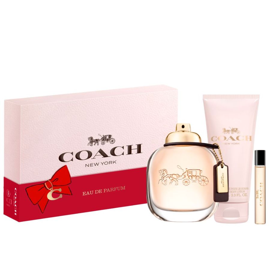 Set de regalo de 3 piezas de Coach New York, 3,4 oz EDP con loción y spray para bolso