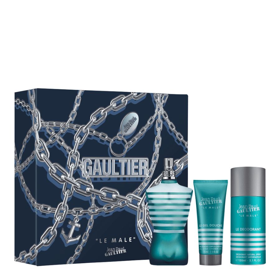 Le Male de Jean Paul Gaultier para hombre, 4,2 oz EDT, juego de regalo de 3 piezas - PLA