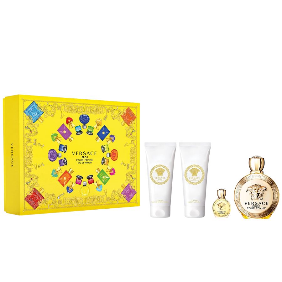 Eros Pour Femme by Versace Women 3.4 oz EDP 4pc gift set gold bottle