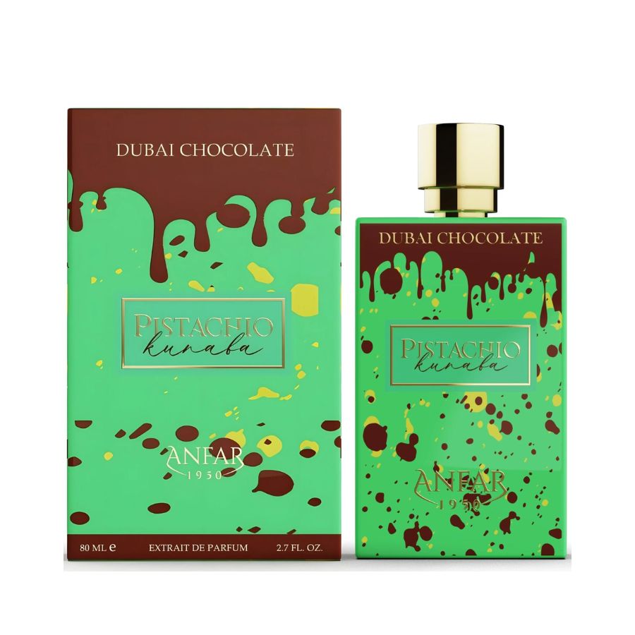 Dubai Chocolate Pistachio de Anfar 2,7 oz EDP, botella de goteo verde
