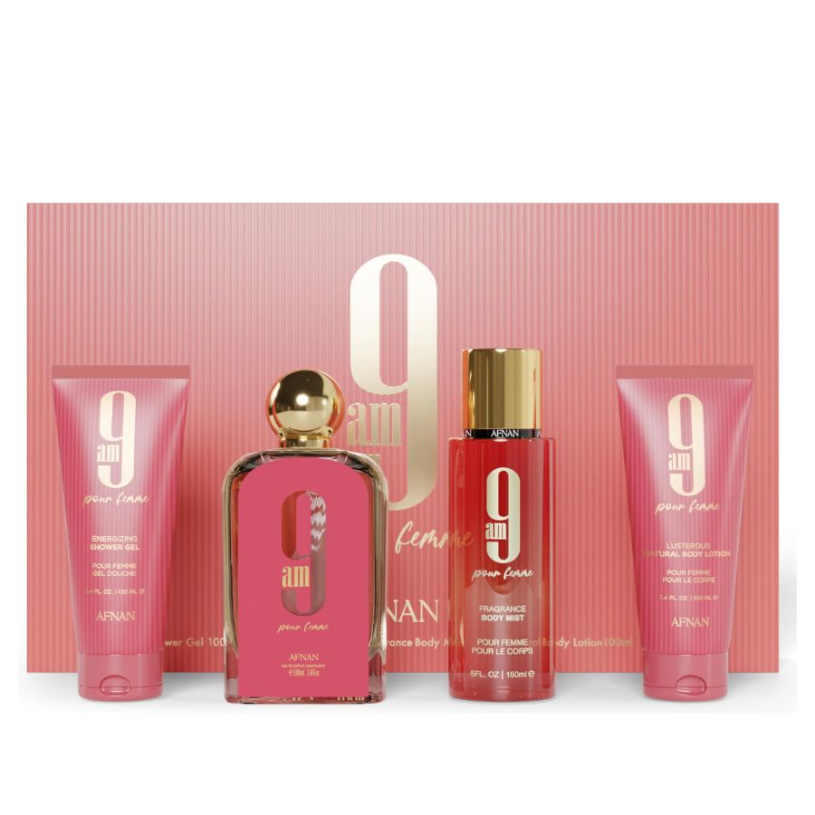 Afnan 9 AM Pour Femme EDP gift set, pink box 3.4 oz