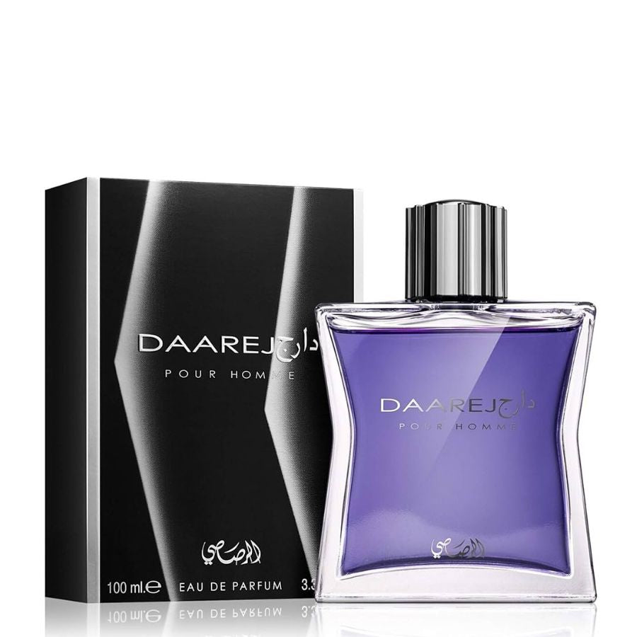 Rasasi Daarej EDP para hombre, 3,4 oz, botella curvada transparente, ámbar cálido y especiado