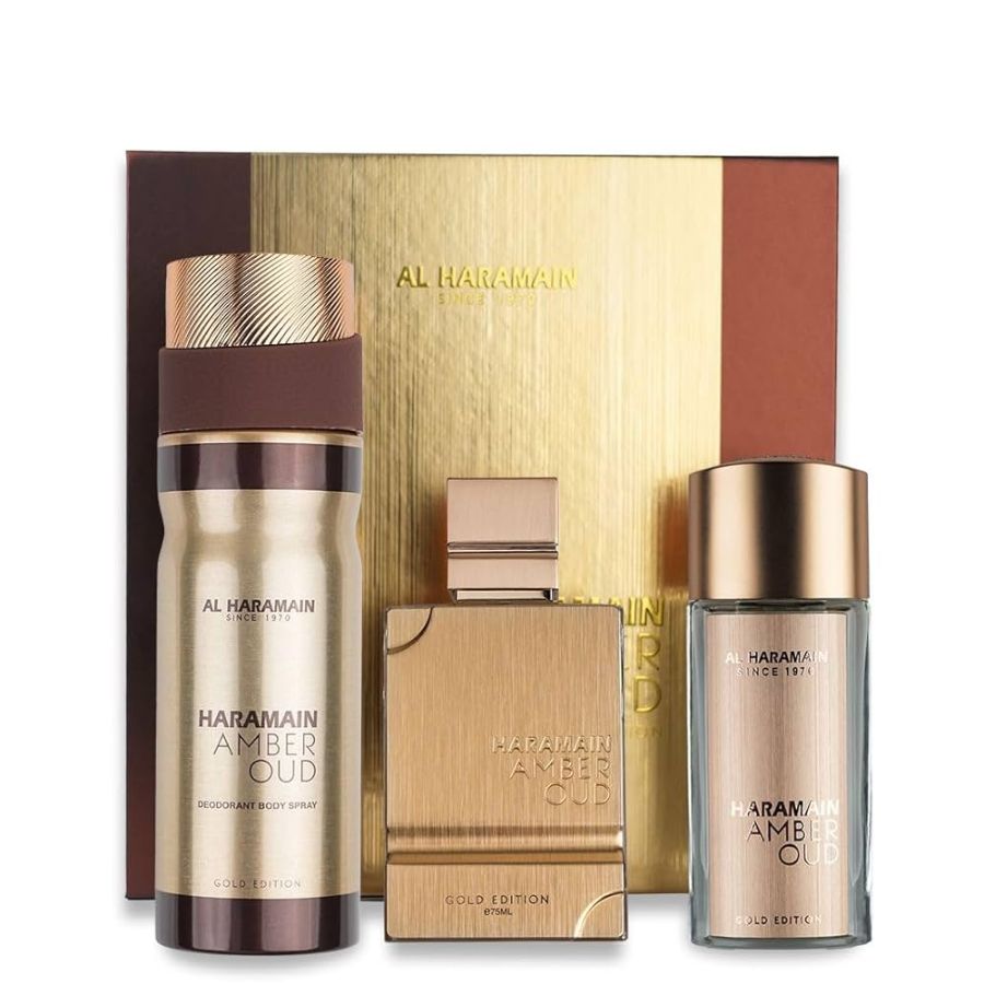 Amber Oud Gold Edition unisex 2,5 oz EDP set de regalo de 3 piezas, botella dorada