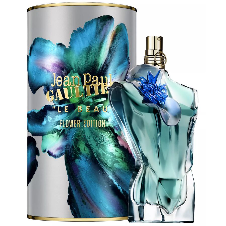 Le Beau Flower Edition de Jean Paul Gaultier EDP para hombre, botella de torso verde azulado de 4,2 oz