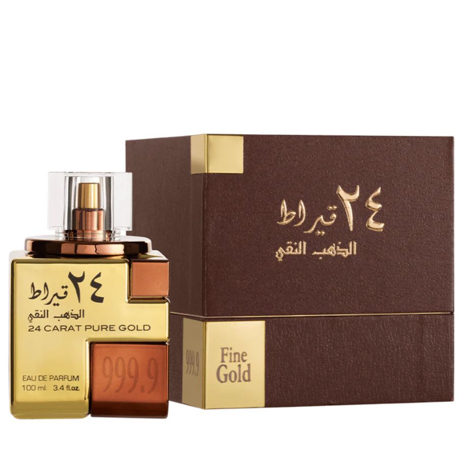 24 Carat Pure Gold by Lattafa unisex EDP, 3.4 oz, gold cube bottle