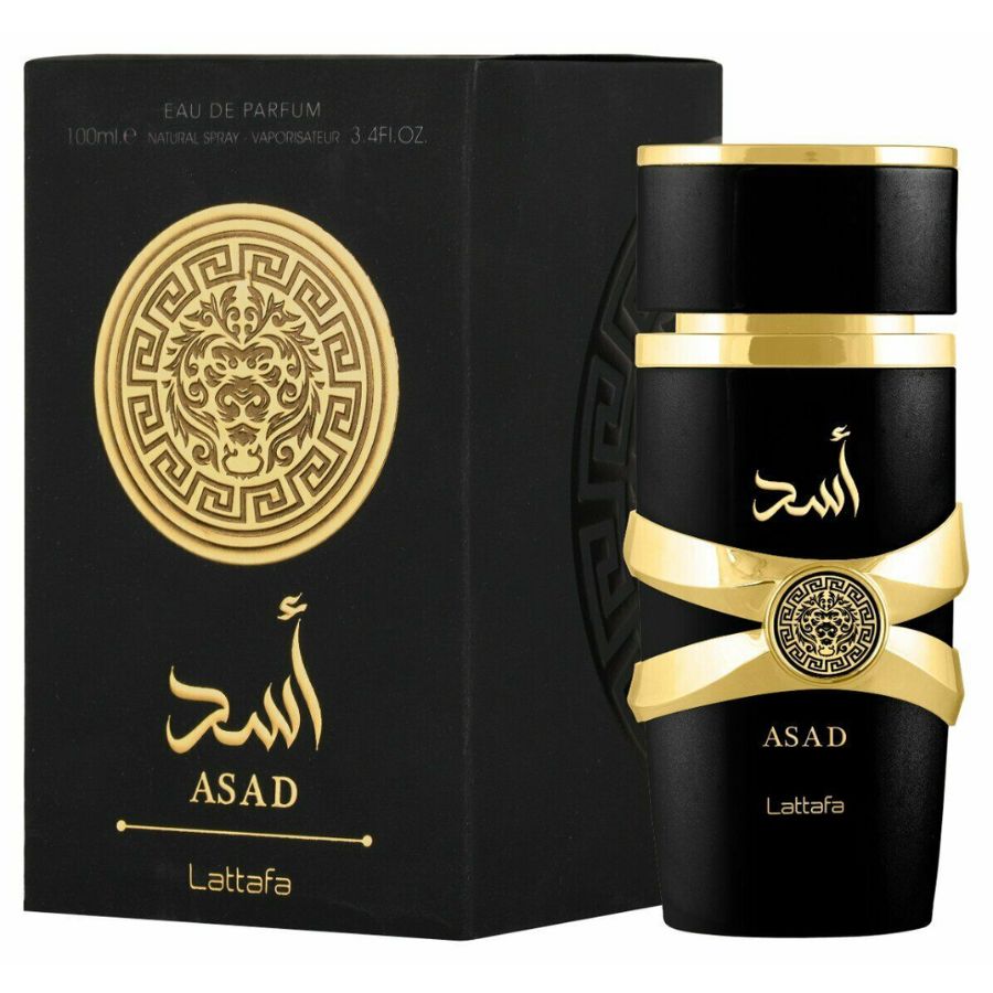 Colonia Lattafa Asad EDP 3.4 oz, botella negra con detalles dorados