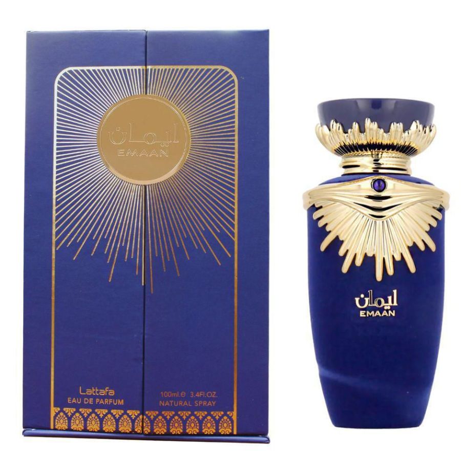 Perfume Lattafa Emaan EDP, 3,4 oz, botella azul con detalles dorados de rayos de sol