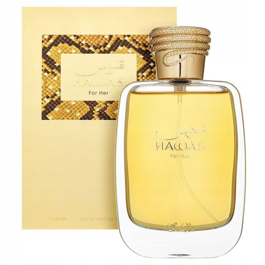 EDP ​​para mujer Hawas for Her de Rasasi, 3,4 oz, botella con tapa de pitón dorada