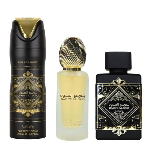 Bade'e Al Oud Gl by Lattafa for Unisex 3.4 oz EDP 3pc Gift Set