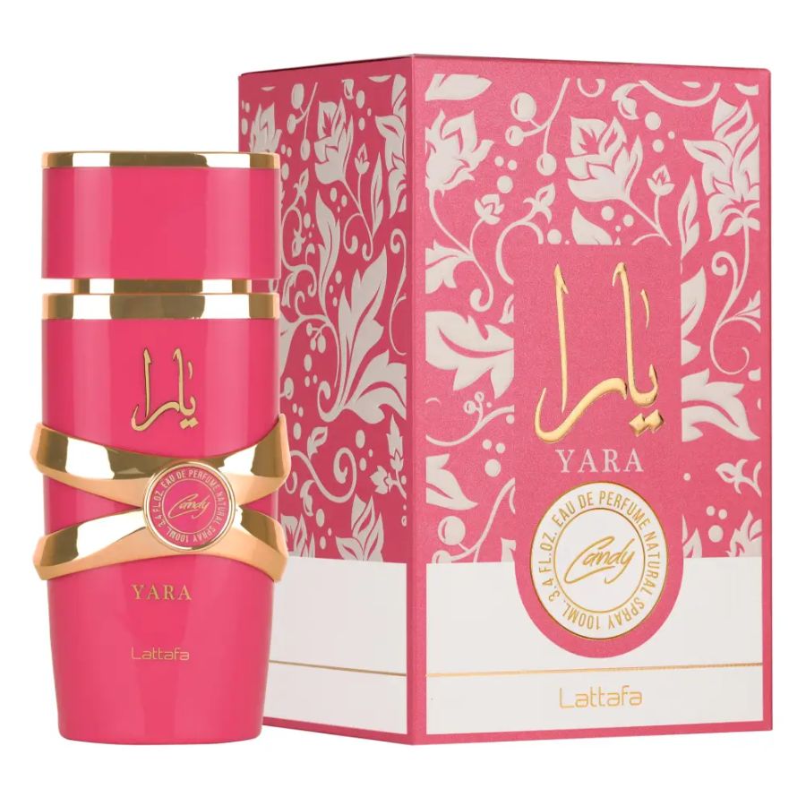 Yara Candy de Lattafa 3.4 oz EDP, botella rosa caramelo, detalles dorados