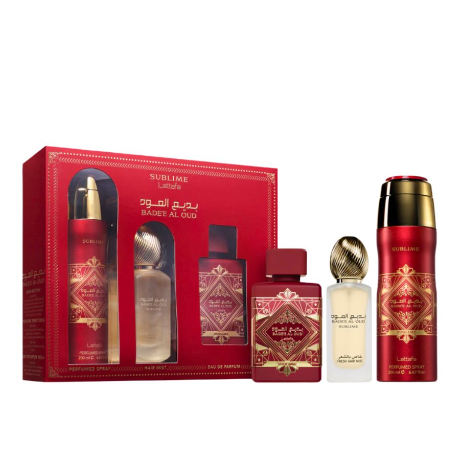 Bade'e Al Oud Sublime unisex EDP 3-piece gift set, red bottle