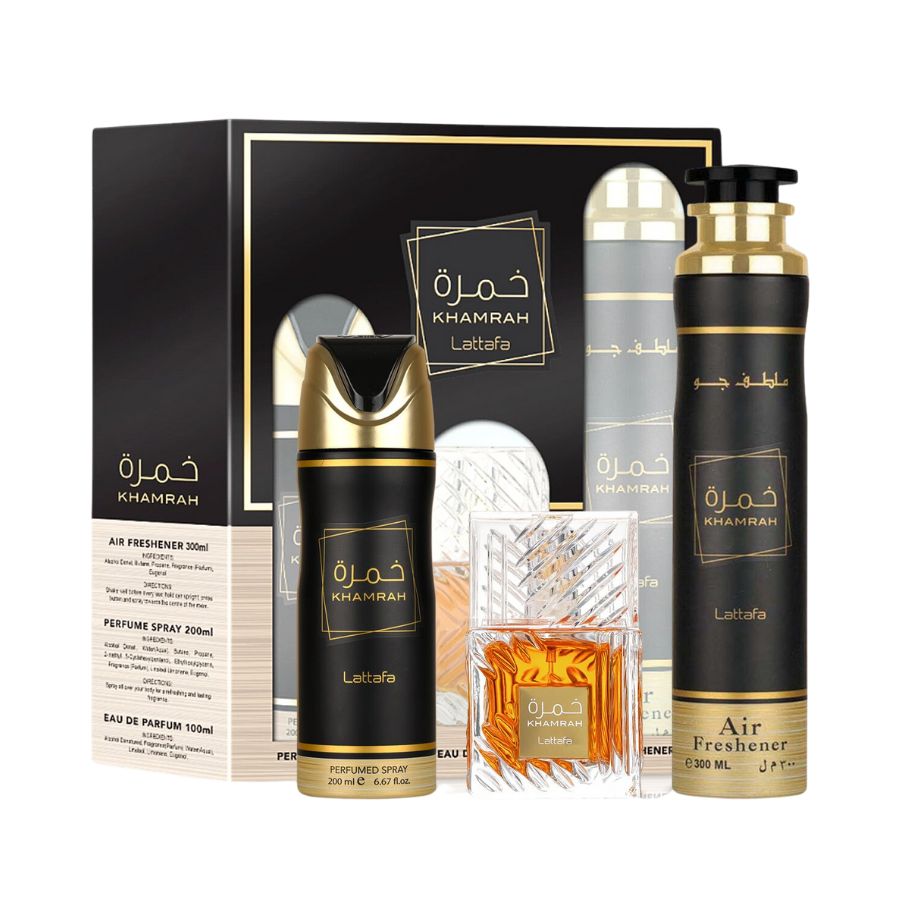Lattafa Khamrah unisex EDP 3.4 oz 3-piece gift set with gold-accent bottle