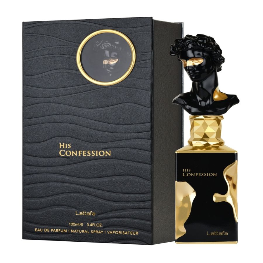 His Confession by Lattafa EDP para hombre, botella oscura de 3,4 oz