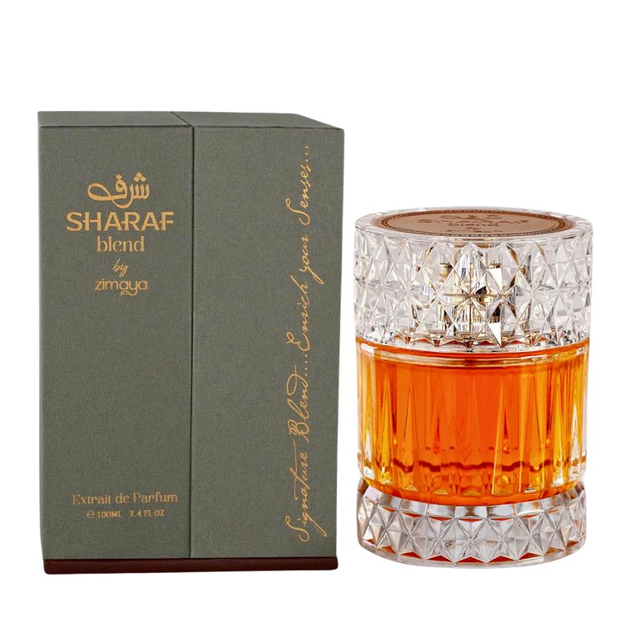 Sharaf Blend by Afnan unisex perfume 3.4 oz gold-accented bottle