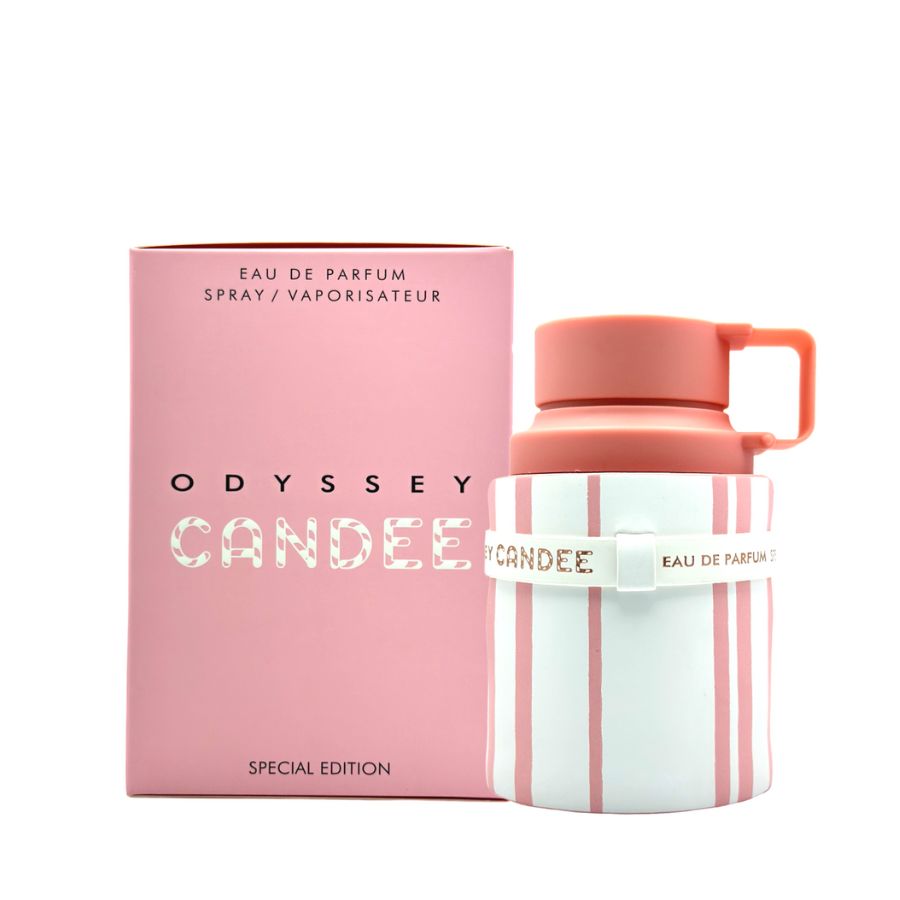 Armaf Odyssey Candee EDP perfume, 3.4 oz, pink striped special-edition bottle