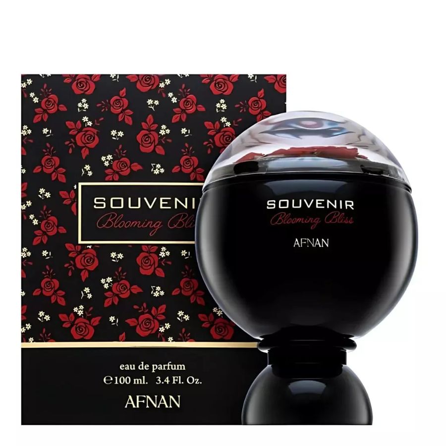 Afnan Souvenir Blooming Bliss EDP 3.4 oz women’s perfume, black dome bottle with red flowers