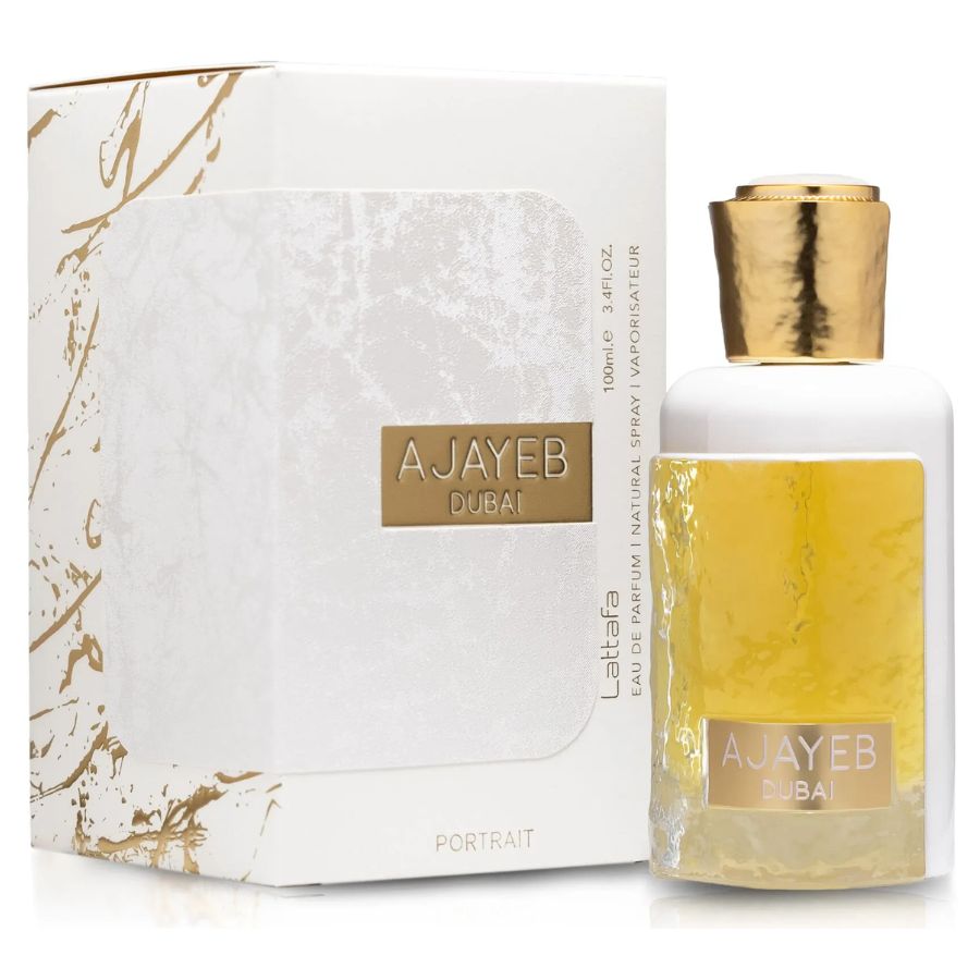 Ajayeb Dubai Portrait de Lattafa EDP unisex, 3,4 oz, botella blanca esmerilada con tapa dorada