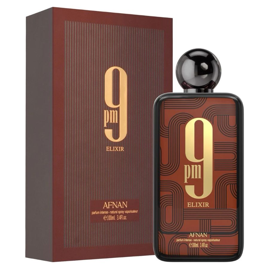 9 PM Elixir by Afnan unisex parfum 3.4 oz, dark graphic bottle