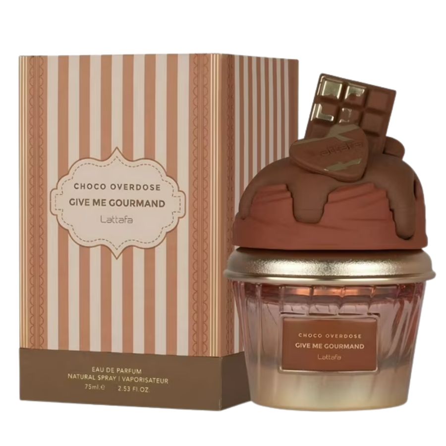 Lattafa Choco Overdose EDP unisex, botella con tapa de chocolate de 2,5 oz
