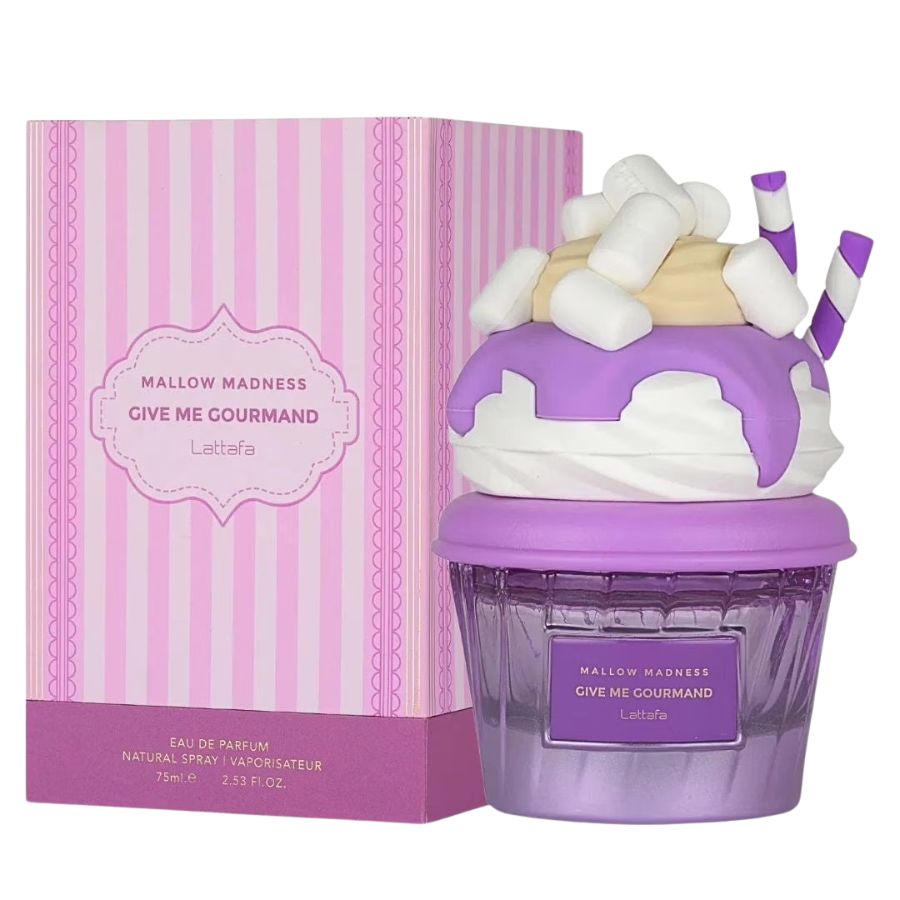 Mallow Madness by Lattafa unisex EDP, 2.5 oz purple marshmallow bottle