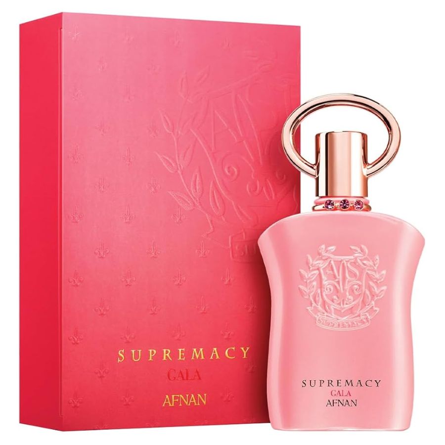 Afnan Supremacy Gala EDP para mujer, botella y caja rosa de 3,4 oz
