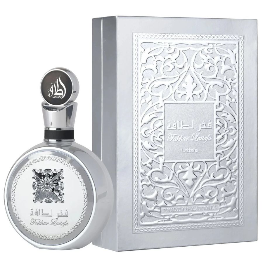 Lattafa Fakhar Platin EDP 3.4 oz unisex, botella plateada