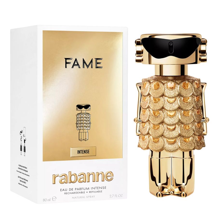Fame Intense de Paco Rabanne EDP, botella robot dorada de 2,7 oz
