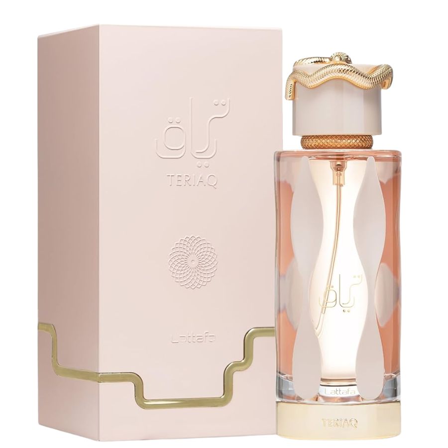 Teriaq by Lattafa unisex EDP spray 3.4 oz cream-gold bottle
