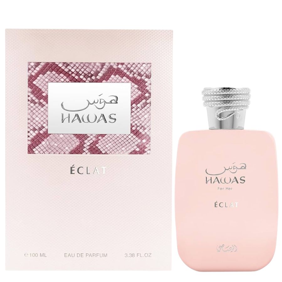 EDP ​​para mujer Hawas Eclat de Rasasi, 3,4 oz, botella rosa rubor