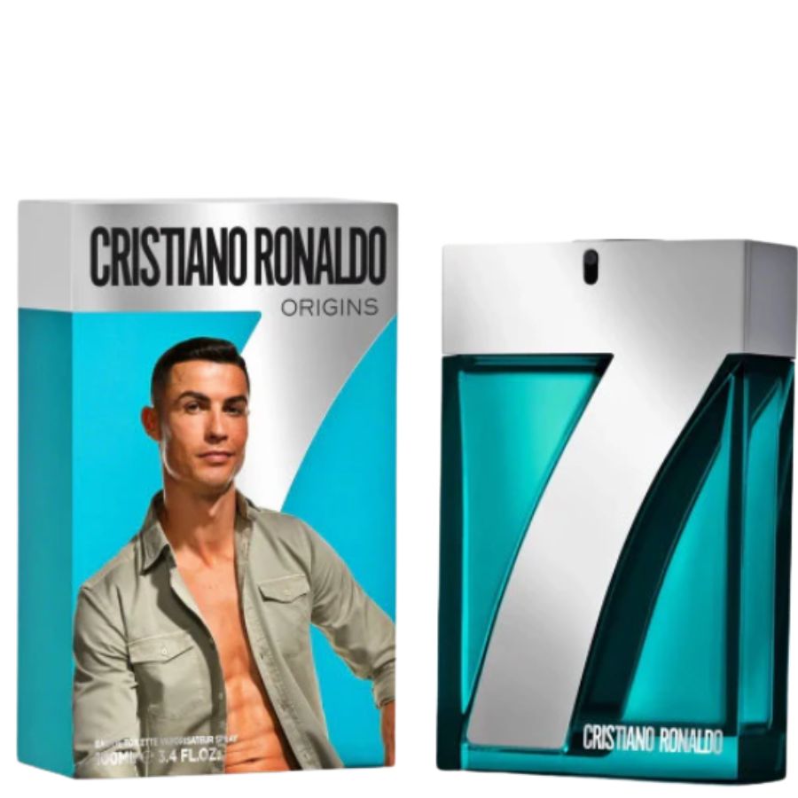 Cristiano Ronaldo Origins EDT para hombre, 3,4 oz, botella turquesa