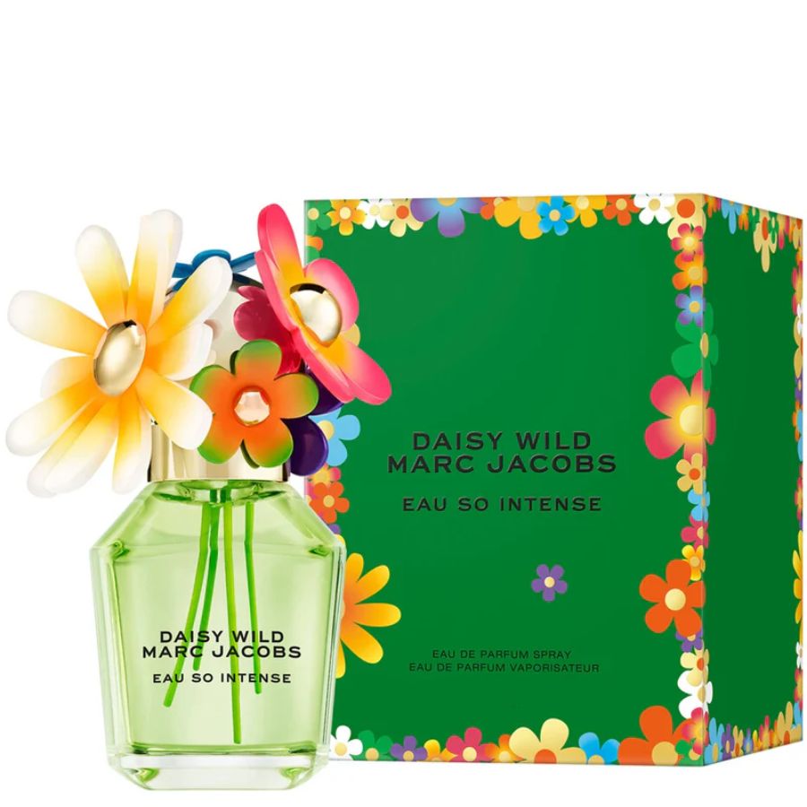 Daisy Wild Eau So Intense de Marc Jacobs 3.4 oz, botella verde, tapa de margarita