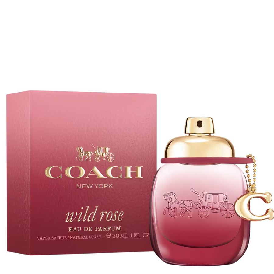 Perfume Coach Wild Rose, spray EDP de 1,0 oz, botella rosa-burdeos