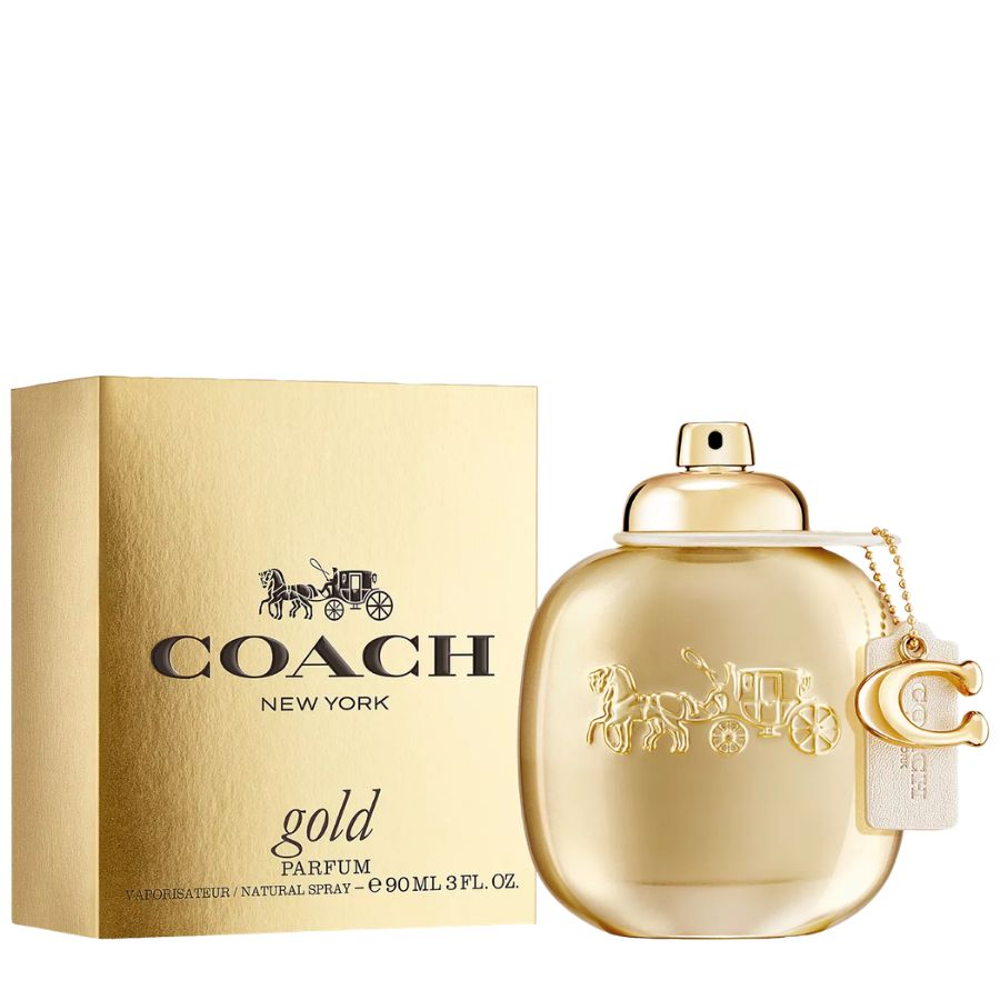 Coach Gold de Coach para mujer, perfume en spray de 3,0 oz en botella dorada facetada con emblema del caballo y el carruaje