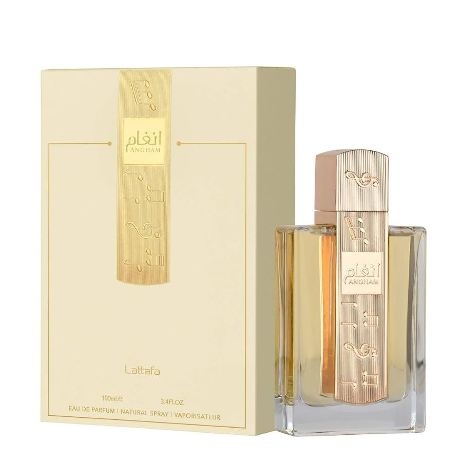 Angham by Lattafa unisex EDP 3.4 oz, gold-plaque bottle