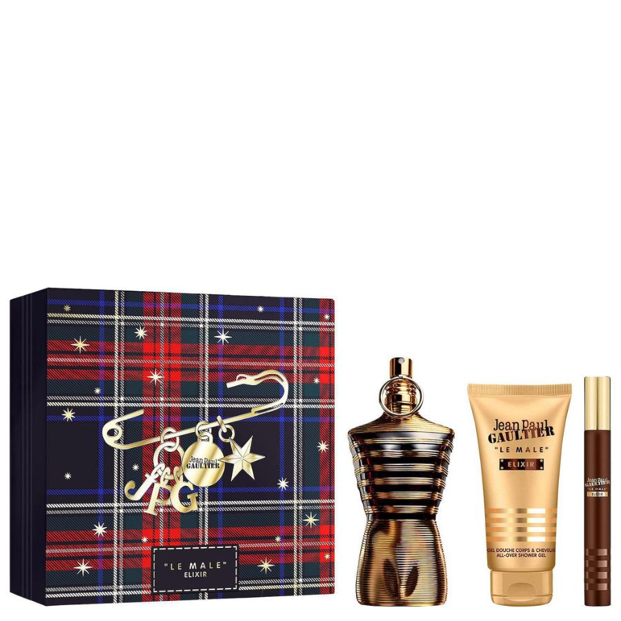 Le Male Elixir Jean Paul Gaultier Men 4.2 oz Parfum 3pc gift set gold bottle
