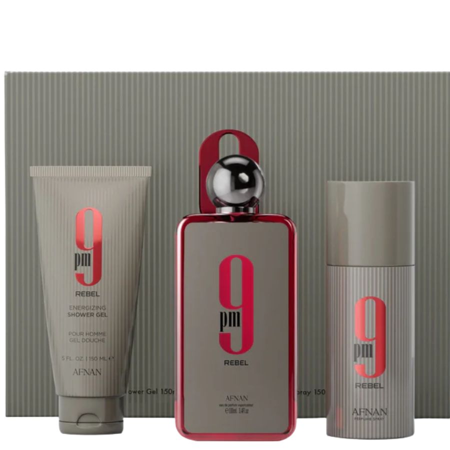 9PM Rebel by Afnan 3.4 oz EDP gift set with shower gel and deodorant