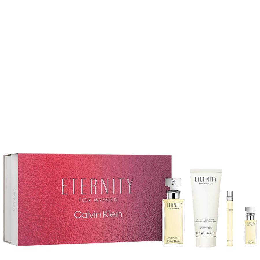 Eternity by Calvin Klein Women 3.4 oz EDP 4pc gift set with minis and lotion