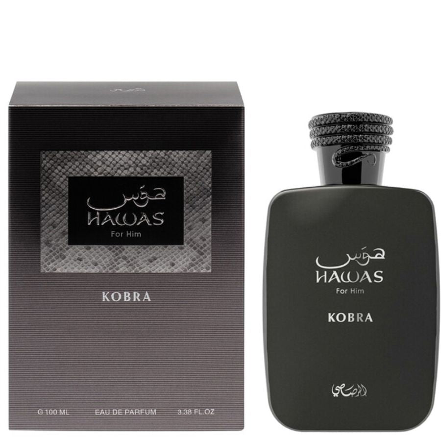 Hawas Kobra de Rasasi Men 3.4 oz EDP botella oscura moderna