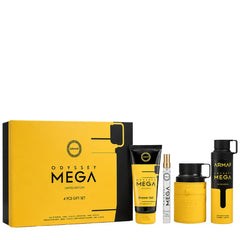 Odyssey Mega by Armaf for Men 3.4 oz EDP 4pc Gift Set (0.34 EDP SPRAY+3.4 SG+6.8 BODY SPRAY)