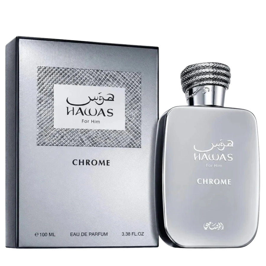 Rasasi Hawas Chrome 3.4 oz EDP chrome fragrance bottle