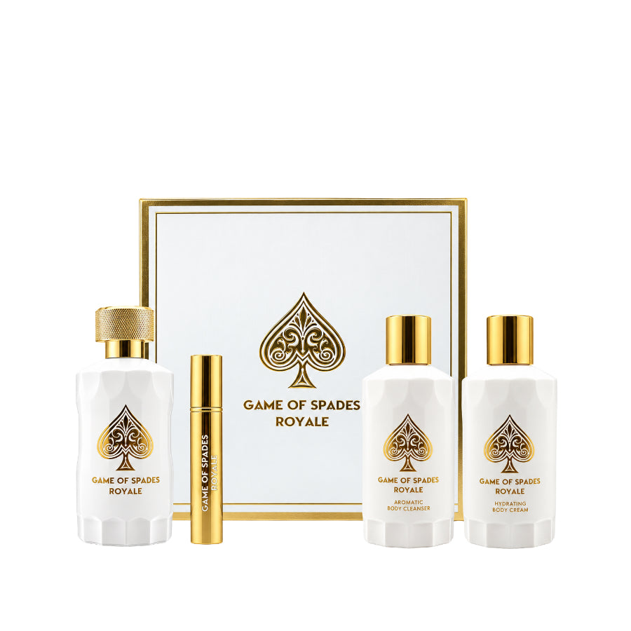 Game Of Spades Royal by Jo Milano for Unisex 3.4 oz PARFUM 4pc Gift Set (6.8 BODY CLEANSER, 6.8 B/C, 8ML ATOMIZER )