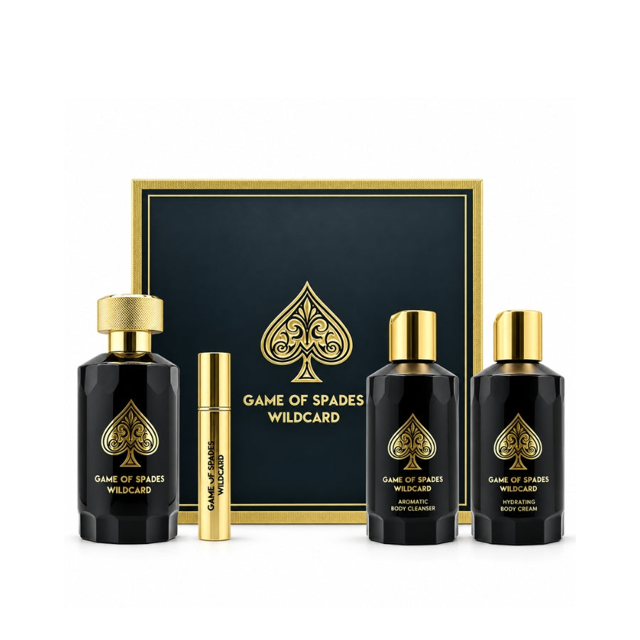 Game Of Spades Wildcard by Jo Milano for Men 3.4 oz PARFUM 4pc Gift Set (6.8 BODY CLEANSER, 6.8 B/C, 8ML ATOMIZER)