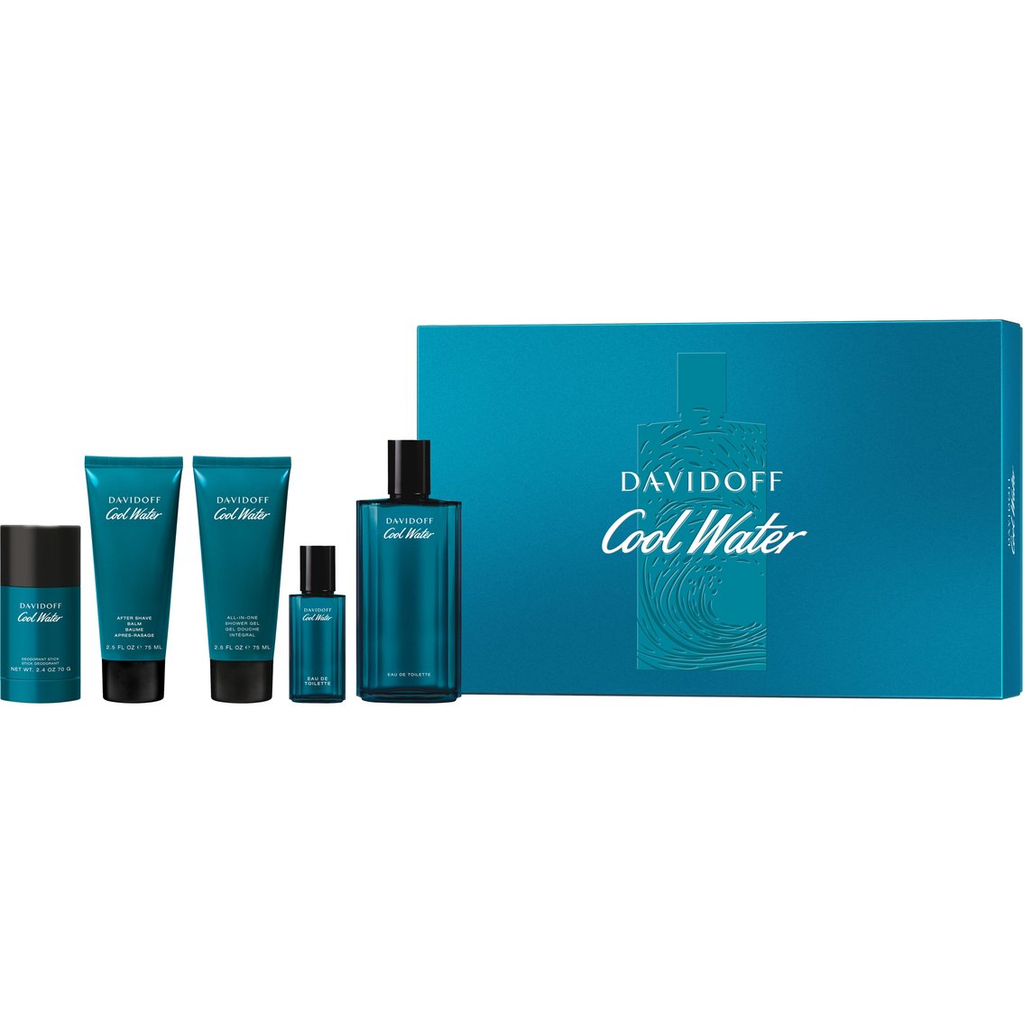 Cool Water by Davidoff, juego de regalo de 5 piezas EDT de 4,2 oz para hombre, botella azul