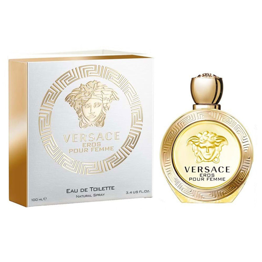 Versace Eros Pour Femme women’s EDT 3.4 oz, gold Medusa bottle