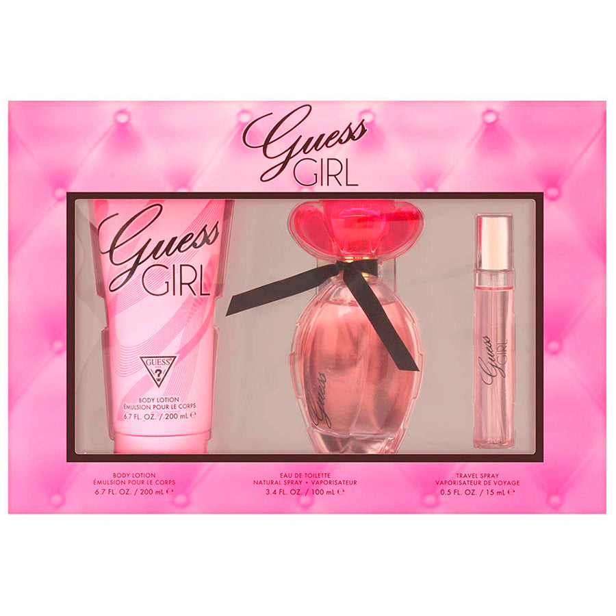 Guess Girl EDT 3.4 oz women’s perfume 3pc gift set, pink flower cap