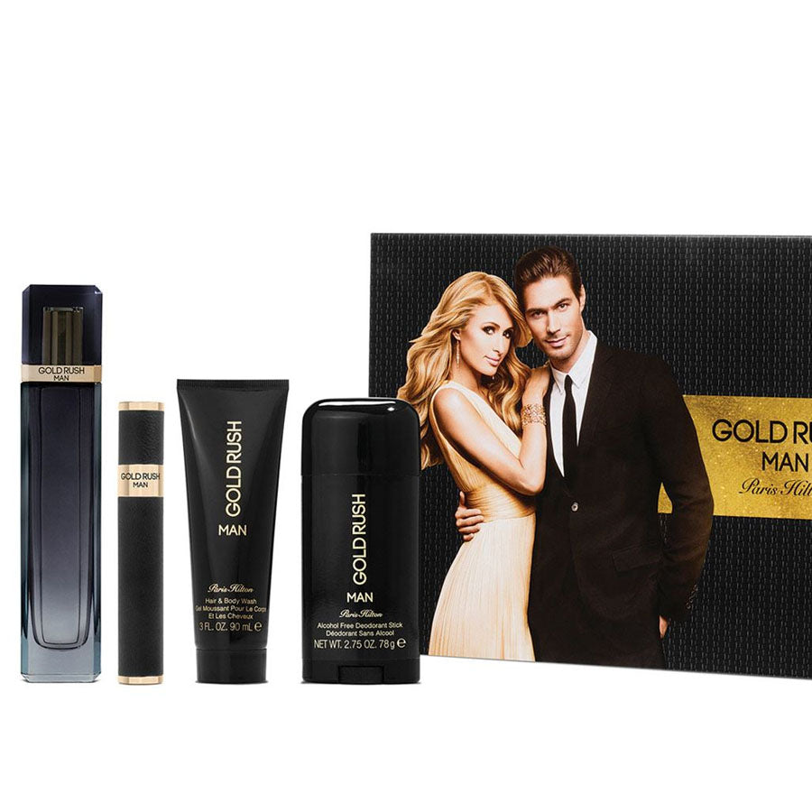 Foto de Gold Rush de Paris Hilton para hombres, 3,4 oz EDT, juego de regalo de 4 piezas